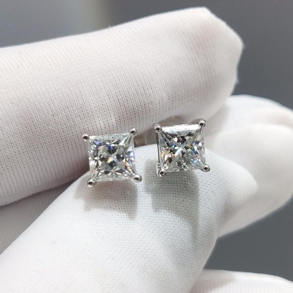 

inbeaut 18k white gold pass diamond test princess cut total 2 ct d color square moissanite earrings women wedding stud, Golden;silver