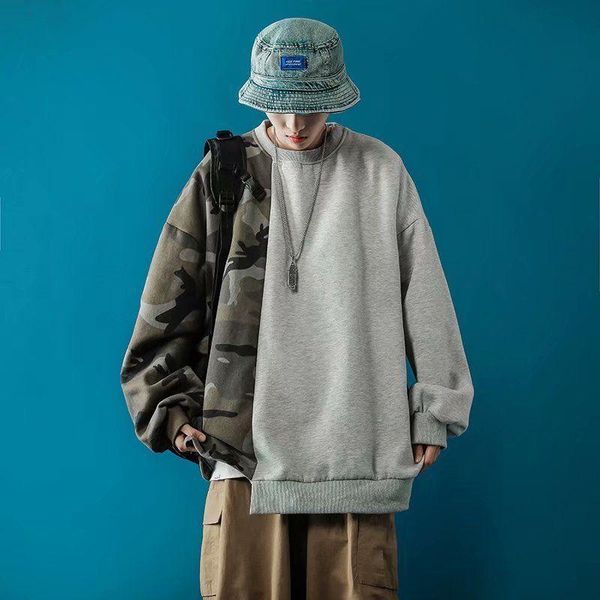

men's hoodies & sweatshirts stitching camouflage loose autumn-winter plus velvet thick coat hong kong-style students korean trend coupl, Black