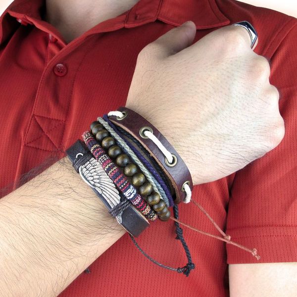 

link, chain men's leather bracelet retro beaded woven multilayer european and american set party gift jewelry, Black