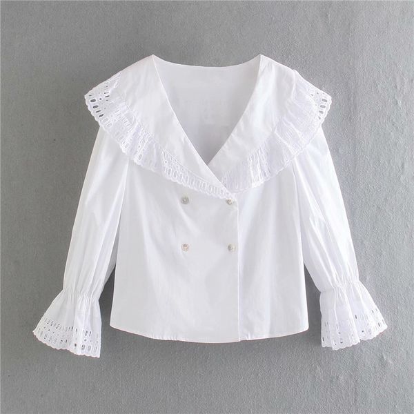 

women's knits & tees women fashion embroidery turn-down collar za spring white short shirts female casual double breasted long sle