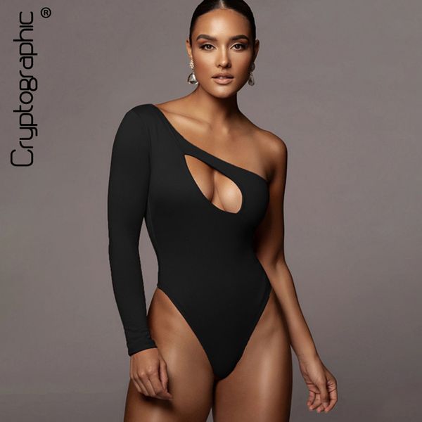 

cryptographic 2021 spring cut-out womens bodysuits elegant club party solid one shoulder high waist bodysuit rompers, Black;white