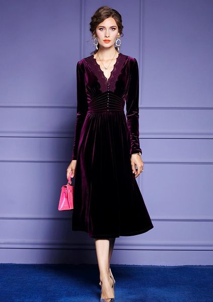 

women autumn & winter elegant velvet dress festa long vintage v-neck party robe femme designer vestidos casual dresses, Black;gray
