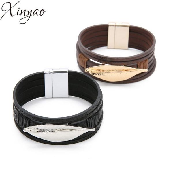 

charm bracelets xinyao boho leaf charms leather bracelet for women man multilayer infinity & bangles bohemian female jewelry, Golden;silver
