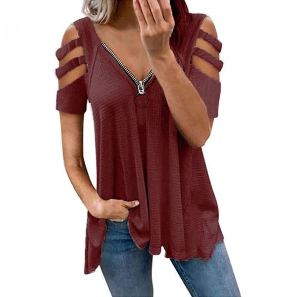 

women's t-shirt women fashion v neck solid zipper short sleeve cutout female lady clothing summer casual t-shirts tee, White