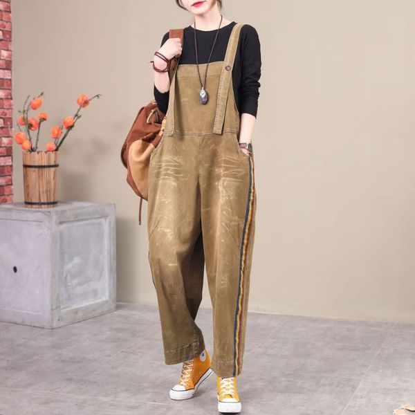 

women's jeans female retro literary bib pants 2021 early spring large size solid color stitching art denim overalls women, Blue