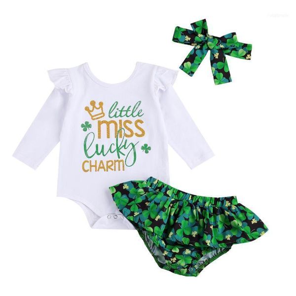 

clothing sets 2021 3-24m cute infant baby girl ruffle shoulder letter print long sleeve romper clover tutu shorts skirt+headband1, White