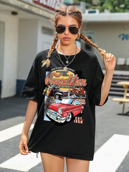 

car & slogan graphic drop shoulder tee w8dp#, White