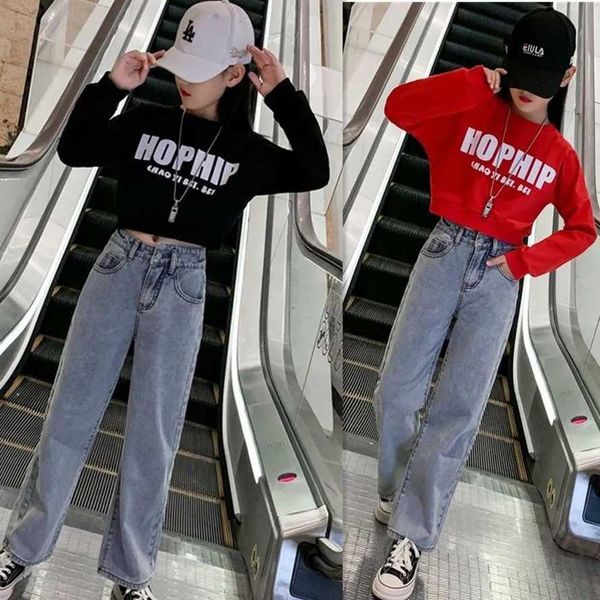 

parent child girl's wide leg jeans set 2021 spring and autumn korean children's sweater straight jeans two-piece set, White