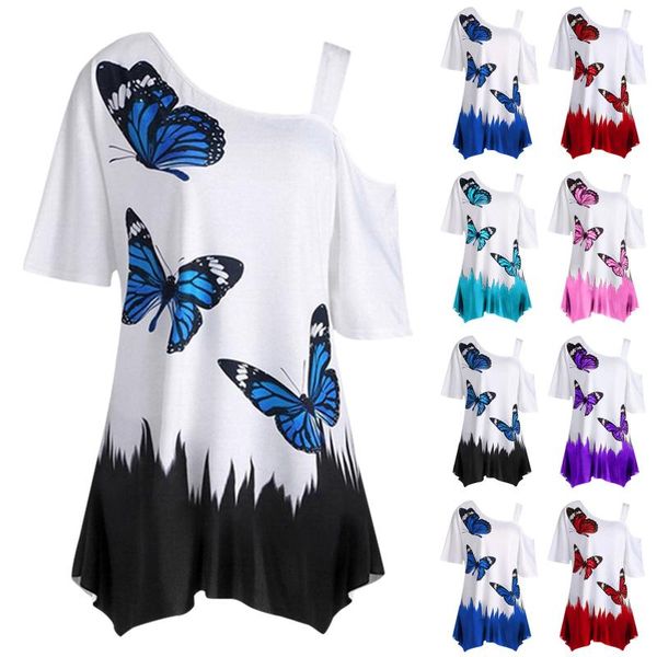 

women's t-shirt one shoulder oversized female butterfly summer short sleeve t-shirts 2021 tee shirt loose tunic, White