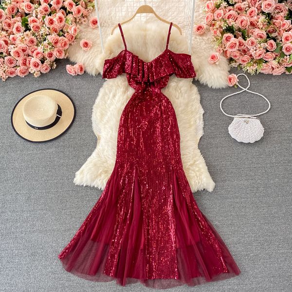 

sequins party long dress for women summer red/beige/black v-neck short sleeve ruffle mesh patchwork mermaid vestidos 2021, Black;gray