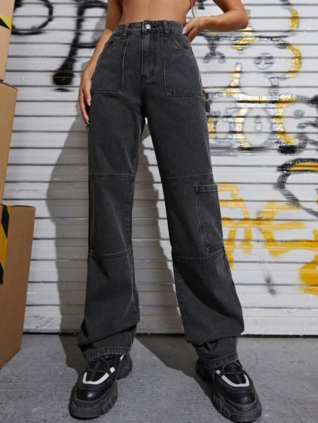 

high waist pocket patched jeans 52d9#, Blue