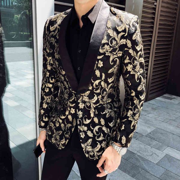 

fantasia homme spring men shredded a button gold jacket jacquard floral tan blazer stage singer, Black;brown