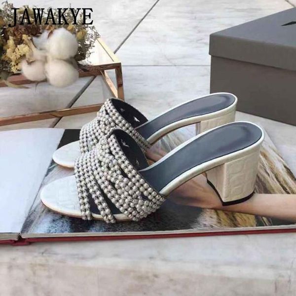 

slippers handmade diamond rhinestone women glitter designer runway high heel sandals summer crystal chain party shoes woman, Black