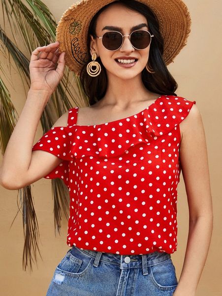 

polka dot asymmetrical neck 65uu#, White