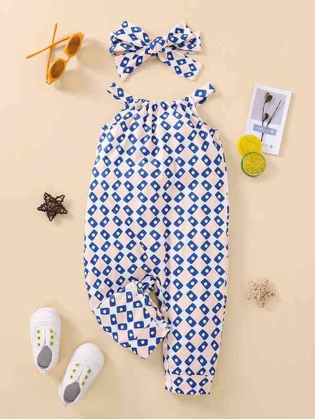 

baby allover geo print halter jumpsuit & headband she, Blue