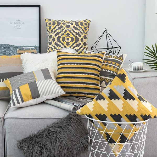 

cotton canvas embroidery geometric pillow cover home decor yellow grey cushion decorative case sham 45x45cm cushion/decorative