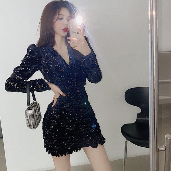 

casual dresses one-piece 2021 korean style spring autumn chic dress french v-neck star pattern bronzing velvet shirring long sleeve, Black;gray