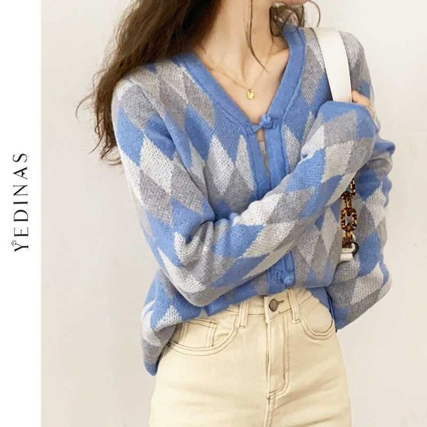 YEDINAS женщин вязаные кардиганы элегантный длинный рукав пиджак мягкий гибкий свитер V шеи женские топы случайные корейские трикотажные изделия 210527