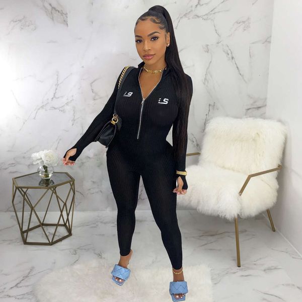

women's new solid color letter slim zipper sports jumpsuit, White