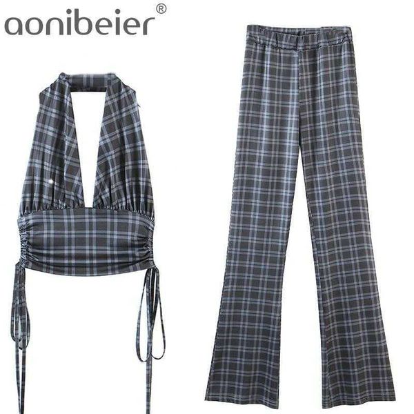 

female checked sets summer fashion drawstring side halter crop and pant outfits casual plaid 2 piece set 210604, White