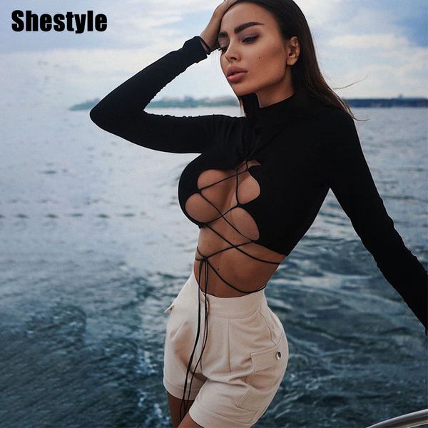 

shestyle criss-cross backless solid hollow out solid lace up stand collar white black crop long sleeve t-shirts womening, Black;white
