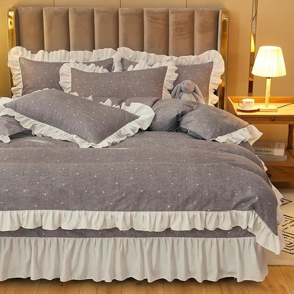 

bedding sets duvet cover set 4 pieces gray dots ruffle bedclothes include bedskirt 2pcs pillowcase comforter for kids and oceania