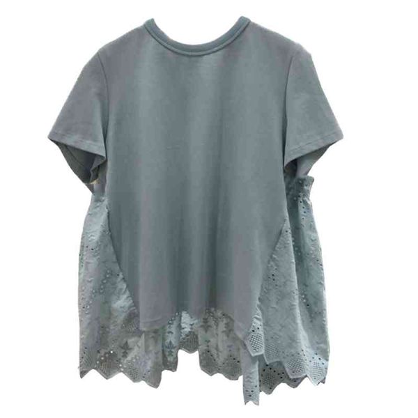 

lace patchwork solid loose short woman tshirts fashion back hollow out design femme t shirt summer o-neck all-match 210514, White