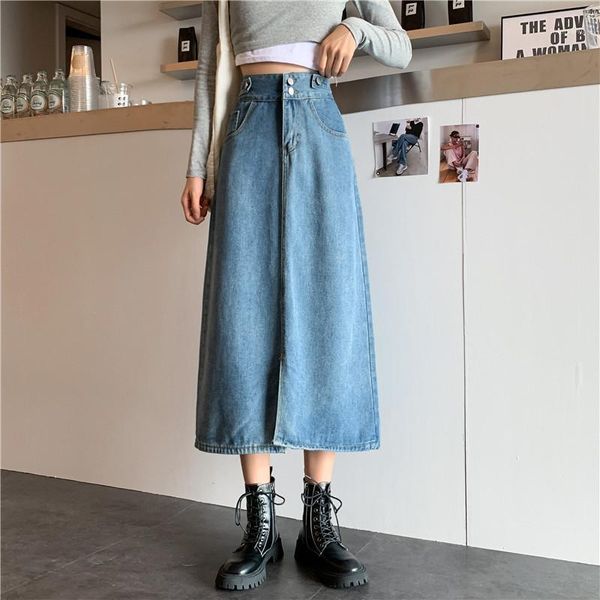 

skirts [ewq] 2021 spring autumn women casual solid color over knee empire plus size split straight denim a-line skirt 8y250, Black