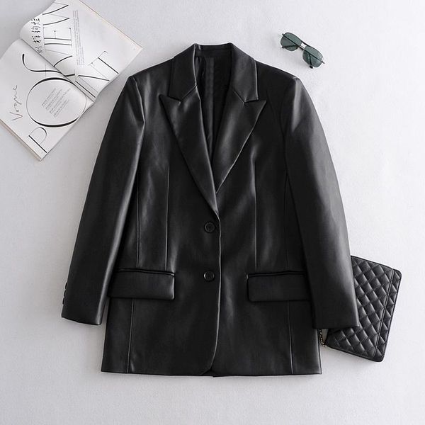 

women's leather & faux 2021 long pu blazers women jacket coat brand jackets outerwear ladies coats female suit, Black