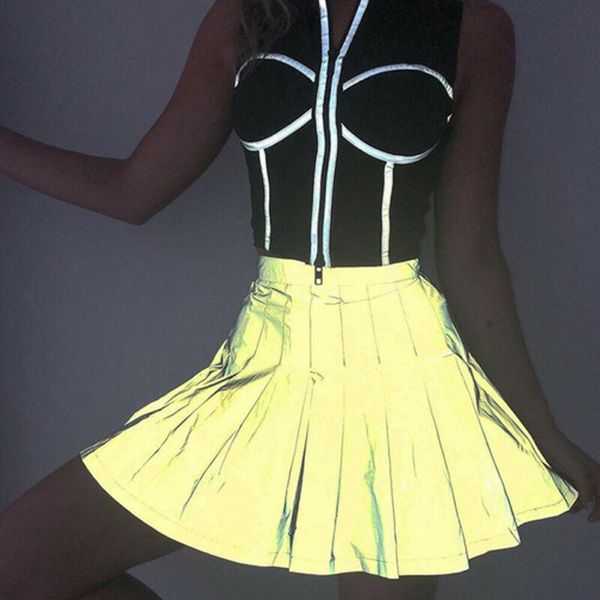 

skirts plus size harajuku silver refletive mini skirt korean style women zipper high waist school girl pleated sexy, Black