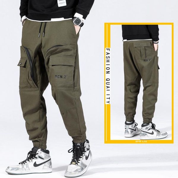 

men's pants cargo men trousers casual elastic joggers cropped, Black