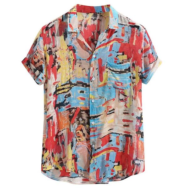 

plus size hawaiian casual shirts mens breathable colorful print blouse loose turn down collar short sleeve buttons clothing men's, White;black