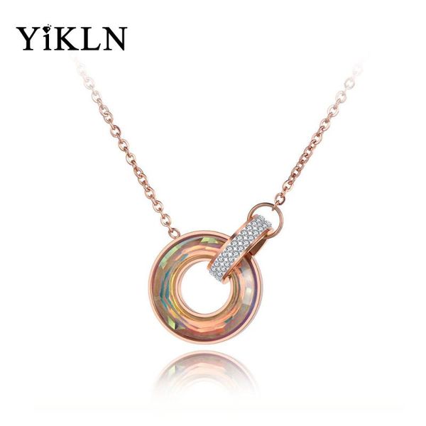 

pendant necklaces yikln titanium stainless steel double circle clay cz crystal choker bohemia chain necklace for women yn19060, Silver