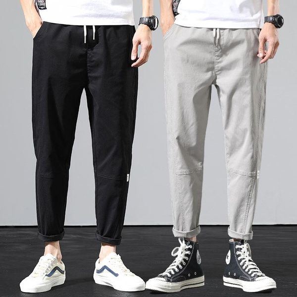 

spring/summer harlan casual pants men's trend loose feet cropped thin elastic waist drawstring jeans, Blue
