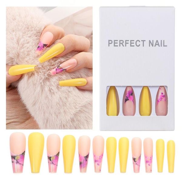 

false nails beauty jelly gum t-shaped extra long fake nail coffin tip ballerina french, Red;gold