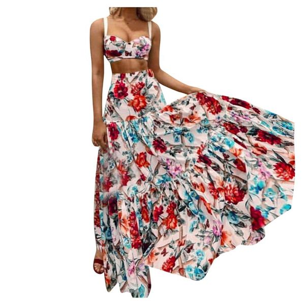 

casual dresses floral printed ladies camisole bohemian chest strap split digital printing dress navel midriff floor-length maxi, Black;gray