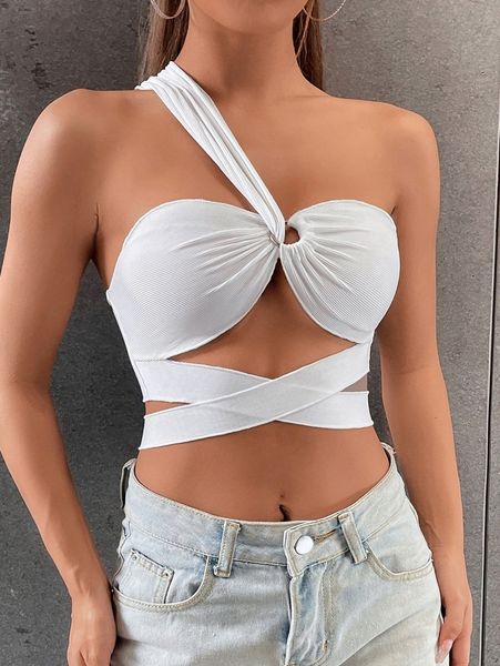

one shoulder ring linked crisscross tie back crop c6ki#, White