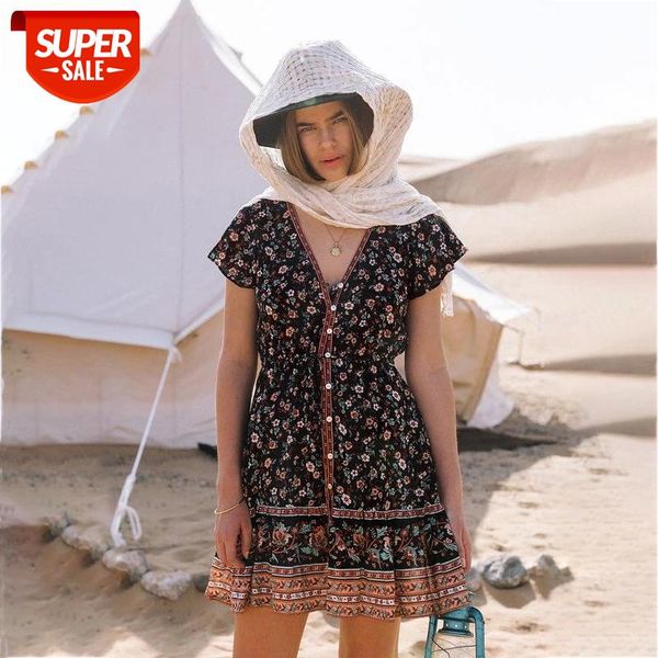 

summer ladies print beach dress women bohemian single breasted v-neck lace up short sleeve mini dress 2021 new #rz9p, White;black