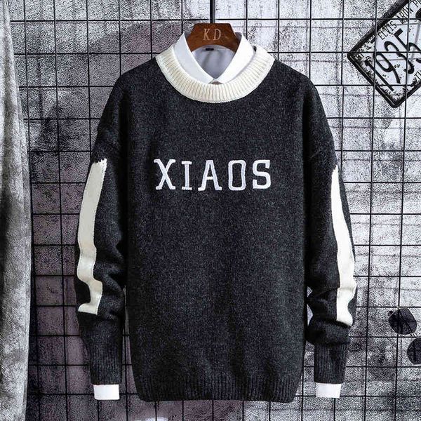 

sweater knit autumn and winter color matching men's t shirt round neck pullover jacquard bottom top, White;black