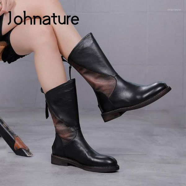 

boots johnature women 2021 winter genuine leather shoes round toe flat with zip sewing handmade leisure platform1, Black