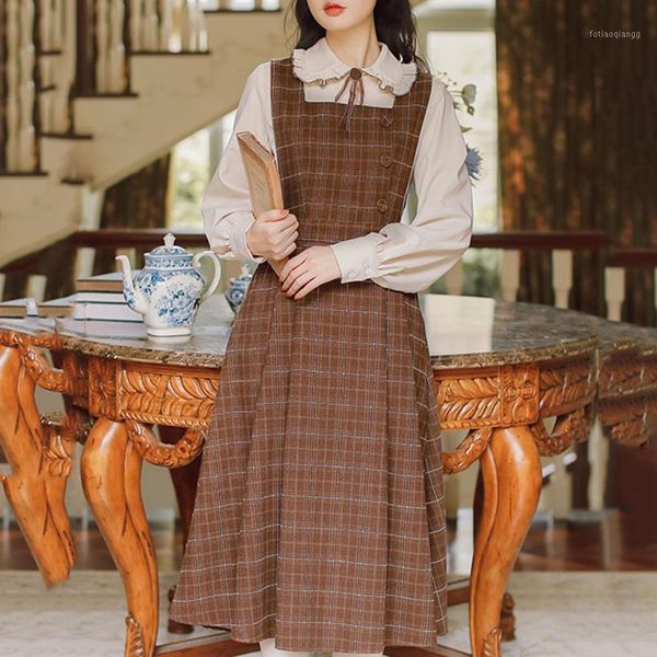 

sisjuly classical retro plaid two piece sets women sweet peterpan collar long sleeve high waist strap dress suits office ladies women's, Gray