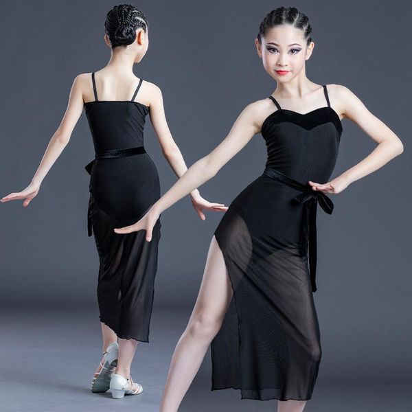 

stage wear children latin dance dress girls summer sling black practice suit performance ballroom, Black;red