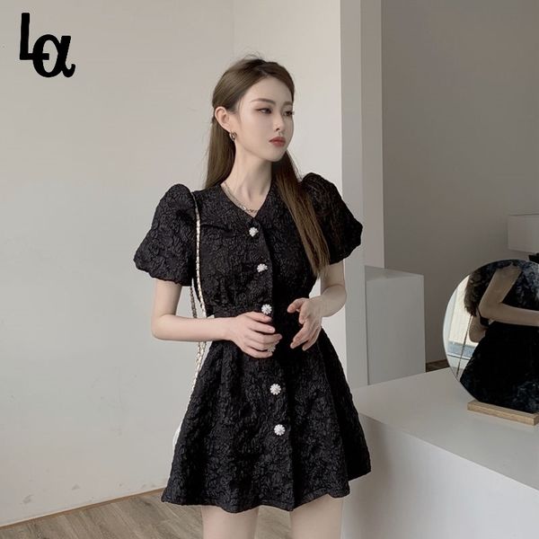 

puff sleeve button dress mini backless v-neck summer party white elegant pink korean robe femme ete vestidos curto 210519, Black;gray