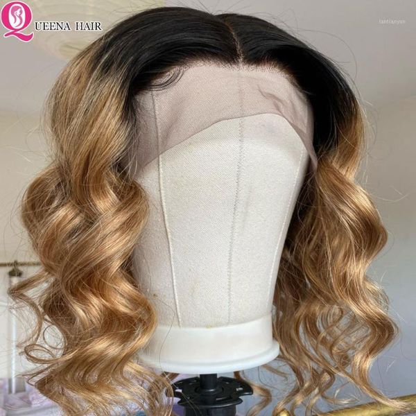 

ombre bob human hair lace front wig 2 tone brown 1b 27 blonde 13x4 frontal remy body wave wigs short brazilian 1501, Black;brown