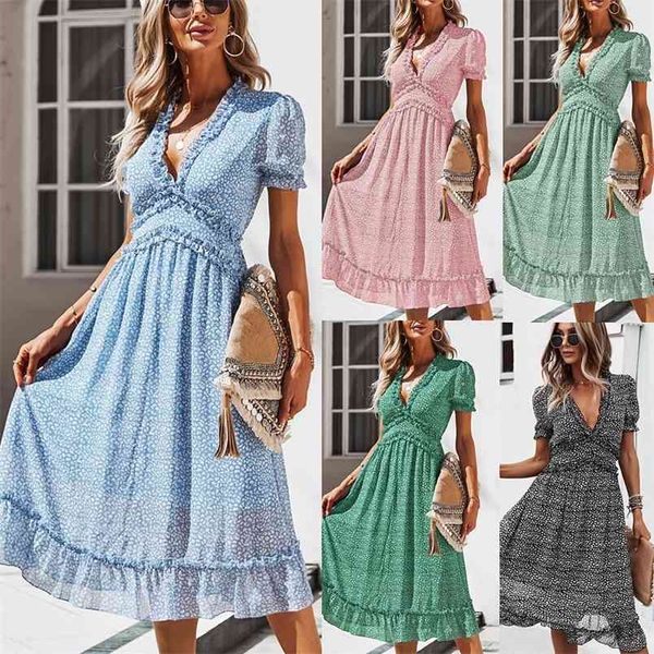 

women's high waist floral print maxi dress women deep v neck short-sleeved long chiffon big swing femme 210517, Black;gray