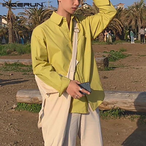 

fashion turn down collar cotton shirt incerun mens solid color long sleeve shirts korean style pocket blouse loose camisa 5xl 7 men's c, White;black