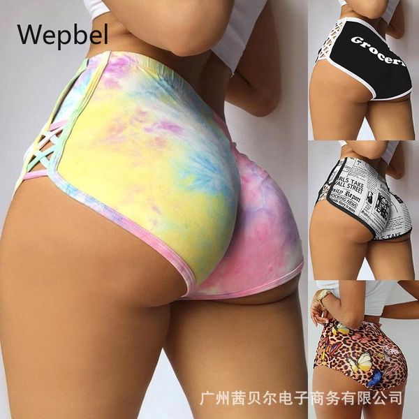 

women yoga shorts pants skinny tie-dye high waisted printed lace printing sports bandage short women's, White;black