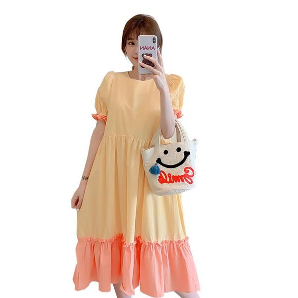 

summer korean maternity dress sweet cotton stitching loose clothes for pregnant women pregnancy ruffles short sleeve dresses, White