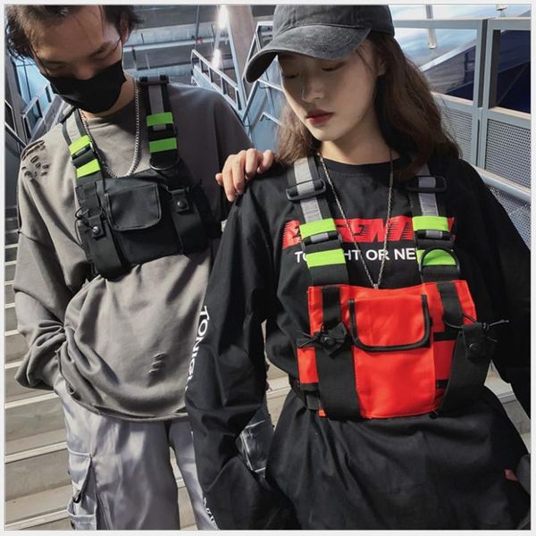 

functional tactical chest pocket vest reflective strip tooling hip hop backpack