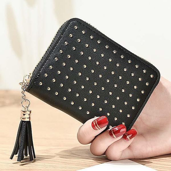 

tassels women wallets zipper coin purse rivets moneybags lady purses girls short wallet cards id holder burse mini bag flaps, Red;black